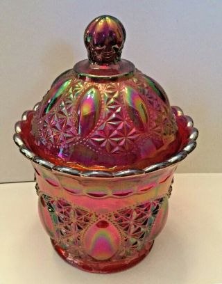 1960s Imperial Sunset Ruby Carnival Glass RARE Beaded Jewels Covered Jar No.  975 5