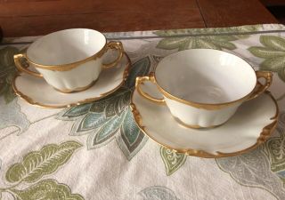 2 Antique J.  P.  L.  France J.  Pouyat Limoges White Gold Porcelain Cup Saucer Set