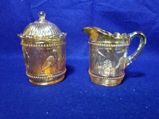L.  G.  Wright Carnival Glass Sugar And Creamer,  Marigold Stork And Rushes