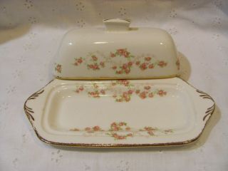 Rare Pope Gossard Florence Butter Dish with Lid Tiny Pink Roses Gold Trim 2