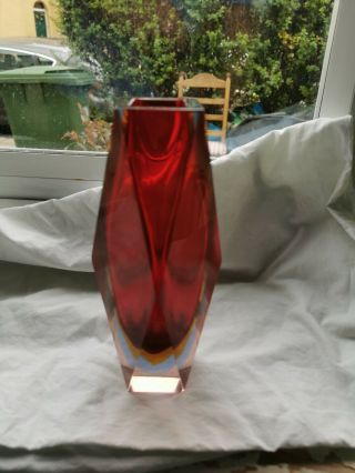 Rare 3 Colour Faceted Sommerso Murano Cased Block Vase