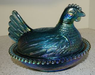 5 x7 Indiana Glass Blue Iridescent Carnival Glass Chicken Hen on Nest Candy Dish 2