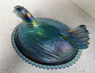 5 x7 Indiana Glass Blue Iridescent Carnival Glass Chicken Hen on Nest Candy Dish 3