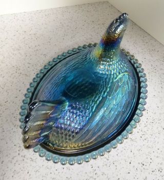 5 x7 Indiana Glass Blue Iridescent Carnival Glass Chicken Hen on Nest Candy Dish 4