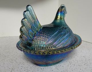 5 x7 Indiana Glass Blue Iridescent Carnival Glass Chicken Hen on Nest Candy Dish 5