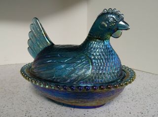 5 x7 Indiana Glass Blue Iridescent Carnival Glass Chicken Hen on Nest Candy Dish 6