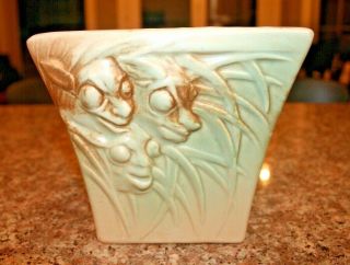 Vintage Mccoy Pottery 6.  75 " Green Rustic Line Jardiniere With Gremlin Faces