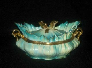 R S Prussia Hand Painted Blue White Ornate Body Sugar Bowl Gold Bow Tie Handles