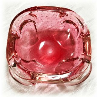 Older Murano Cranberry Pink Bullicante Bubble Art Glass 5 " Rounded Square Bowl
