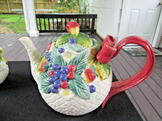 1995 Fitz And Floyd Hand Painted 42oz Tea Pot,  Creamer & Sugar Bowl With Lid & S 2