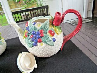 1995 Fitz And Floyd Hand Painted 42oz Tea Pot,  Creamer & Sugar Bowl With Lid & S 3