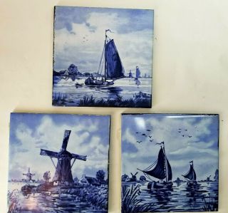 Group Of 3 Vintage Blue Delft Tiles - - 6x6 " - - Possibly From Old Fireplace Surround