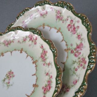 2 Antique Limoges Porcelain Cabinet Plates Pink Roses Gilt Paste Accents,  Trim
