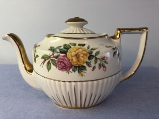 Vintage Arthur Wood Pink Yellow Floral Design Gold Handles Ribbed Body Queen Ann