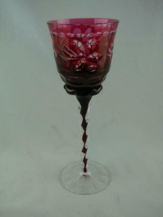 Stunning Cut To Clear Ruby Red Bohemian Style Wine / Hock Glass,  Twisted Stem