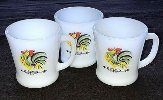 3 Fire King 1965 Anchor Hocking Chanticleer Rooster D - Handle Glass Coffee Mugs