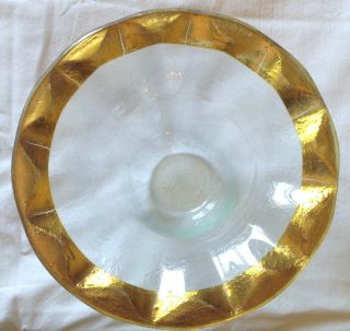 Annie Glass Signed Textured Clear Glass Bowl / Dish W 24k Roman Gold Fluted Rim