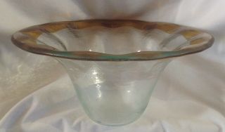 Annie Glass Signed Textured Clear Glass Bowl / Dish W 24K Roman Gold Fluted Rim 5