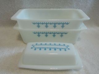 2 Pyrex Blue Garland Snowflake Loaf Dishes Pans Butter Dish With Cover