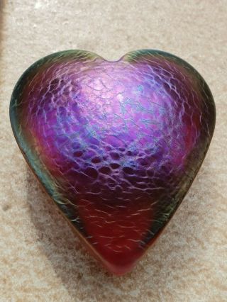 Robert Held Iridescent Purple Heart Shaped Art Glass Paperweight Signd