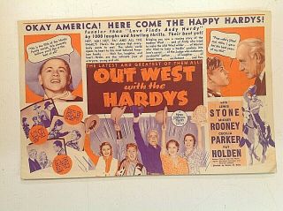 Vintage 1938 Movie Herald Out West With The Hardys Mickey Rooney Mgm Comedy Film