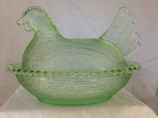 Indiana 7 " Pastel Green Glass Hen On Nest Covered Candy Dish