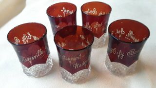 5 Antique 1912 Wadesville Indiana City Restaurant Flash Glass Souvenir Glasses
