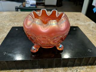 Northwood Beaded Cable Marigold Carnival Glass Footed Rose Bowl.  Signed With 