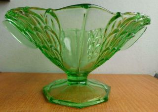 Art Deco Uranium Green Depression Glass Conical Footed Bowl