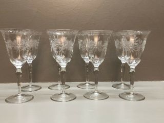 Vintage Etched Wine Glasses,  Set Of 8,  Floral Etched In