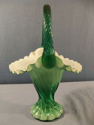 Fenton Green Cased Glass Basket W/ Spiral Design 10 1/2 " Tall