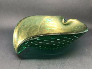 Green / Gold Murano Art Glass Bowl - Heart Shaped & Controlled Bubbles