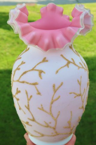 8 " Antique Hand Blown Pink & White Coraline Vase,  Art Glass - Victorian,  Gold