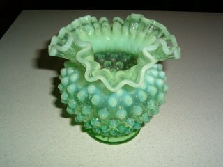 Rare Fenton Opalescent Green Hobnail Vase Great Color Cond.