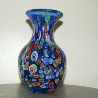 Ann Primrose Murano Millefiori Glass Vase 8 " High Predominantly Cobalt Blue