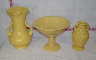 Vintage Red Wing Rumrill Pottery Rh - 7 Vase,  Pedestal Dish M - 5008,  & Yellow Vase