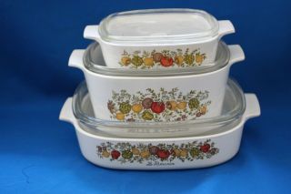 Coring Ware A - 10 - B,  A - 3 - B,  A - 1 - B Spice Of Life Casserole Dishes W Lids