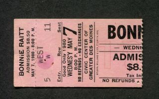 1980 Bonnie Raitt Concert Ticket Stub Des Moines Something To Talk About