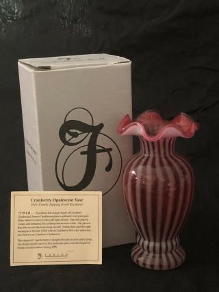 Fenton Art Glass Cranberry Optic Vase With Box/fenton Card
