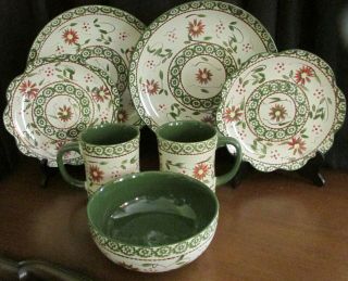 7 Pc Temp - Tations By Tara Old World Green Poinsettia Plates Mugs Bowl