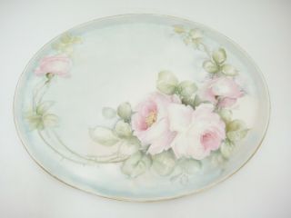 Tressemanes Vogt T&v Limoges Hand Painted Oval Platter Pink Roses On Blue Ca1900