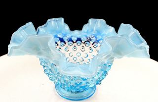 Fenton Art Glass Blue Opalescent Hobnail Double Crimped Small 7 " Bowl 1939 - 1955