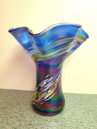 Hand Blown Iridescent Blue Swirl Art Glass Vase