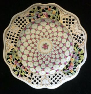 Carl Thieme Dresden Hand Painted Reticulated Floral & Gold W/ Lattice 8.  5” Plate