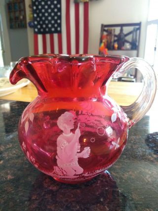 Fenton Ruby Mary Gregory Pitcher 4.  5 " Bubbles Ltd 606/1850 Signed