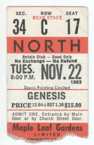 Genesis 11/22/83 Toronto Ontario Canada Maple Leaf Gardens Concert Ticket Stub