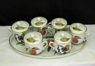 Set Of 6 Royal Worcester Evesham Gold Pots De Creme With Oval Tray