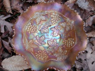 Northwood Marigold Grape And Cable Carnival Glass Bowl Basket Weave Back