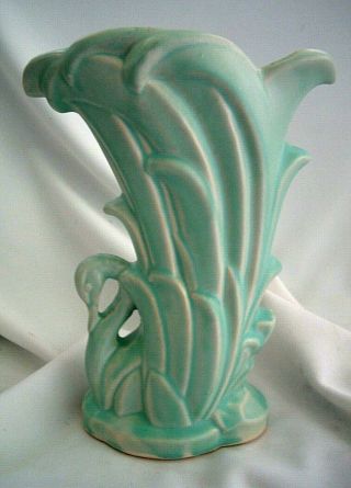 Vintage Mccoy Art Pottery Swan Vase Circa 1946 Matte Turquoise Green Glaze Nos