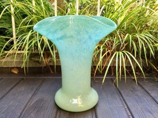 Signed Vasart Fluted Green/ Cream Mottled Glass Vase